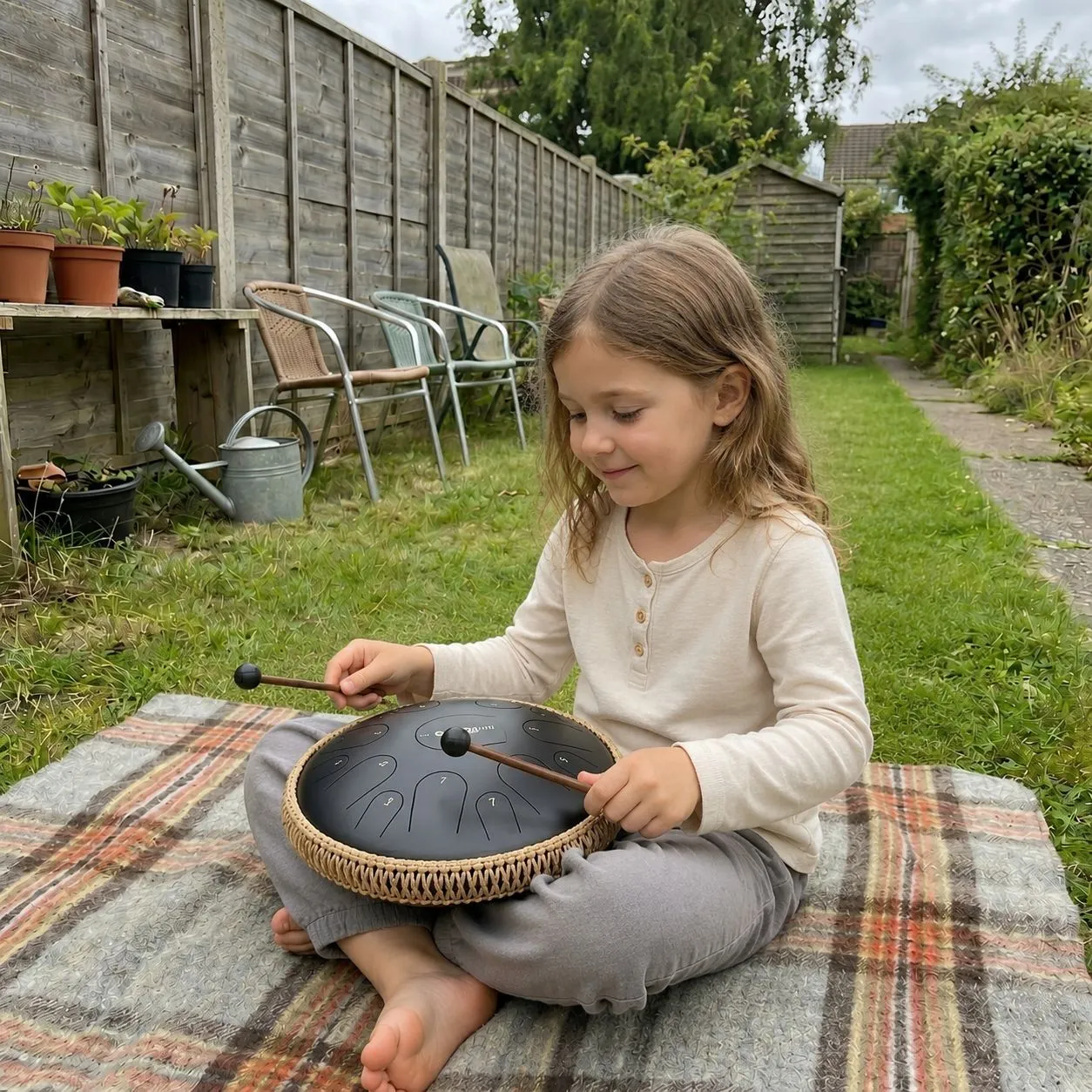Kind spielt im Garten auf einer Sonodrum Zungentrommel