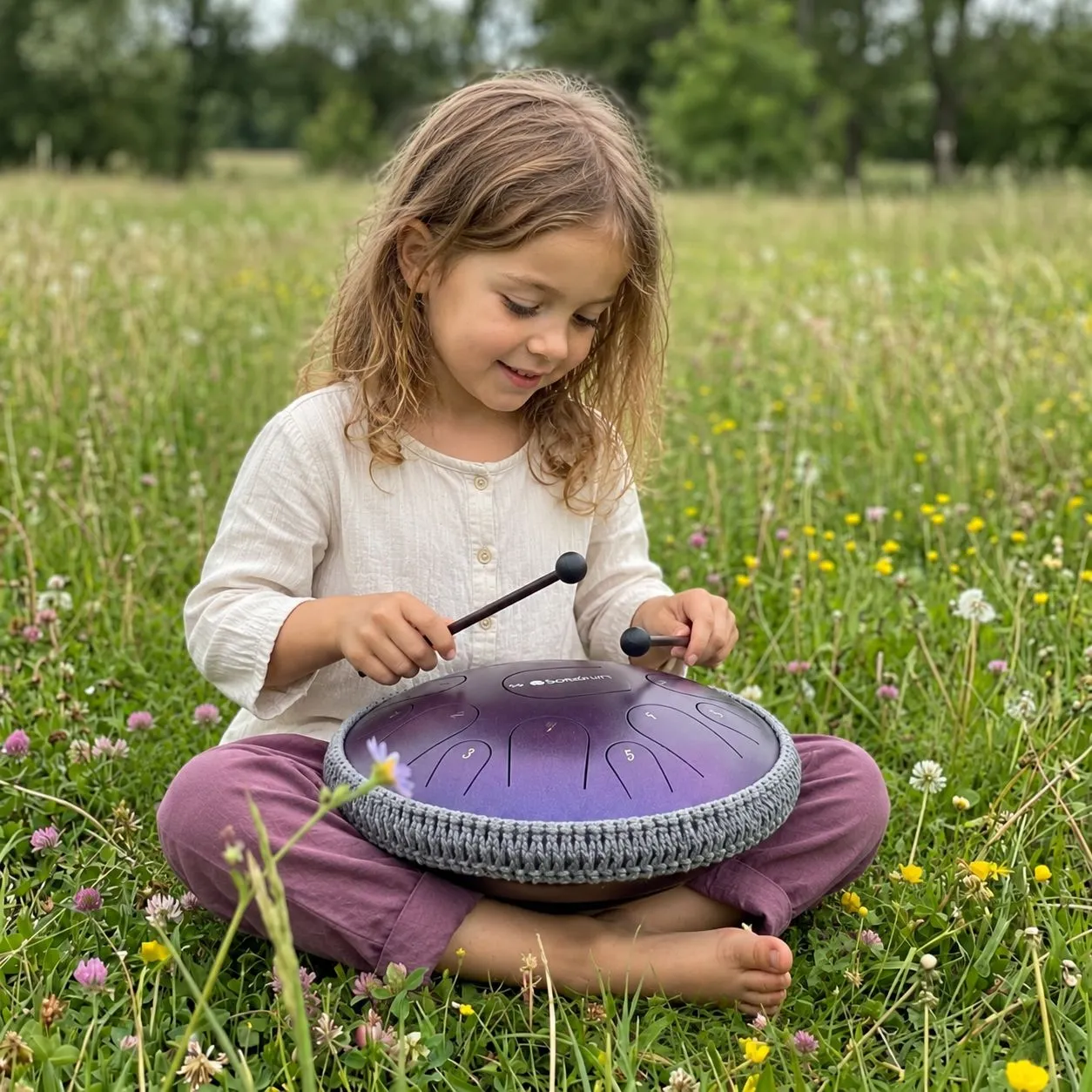 Kind spielt im Sommer auf einer Sonodrum Zungentrommel in der Blumenwiese