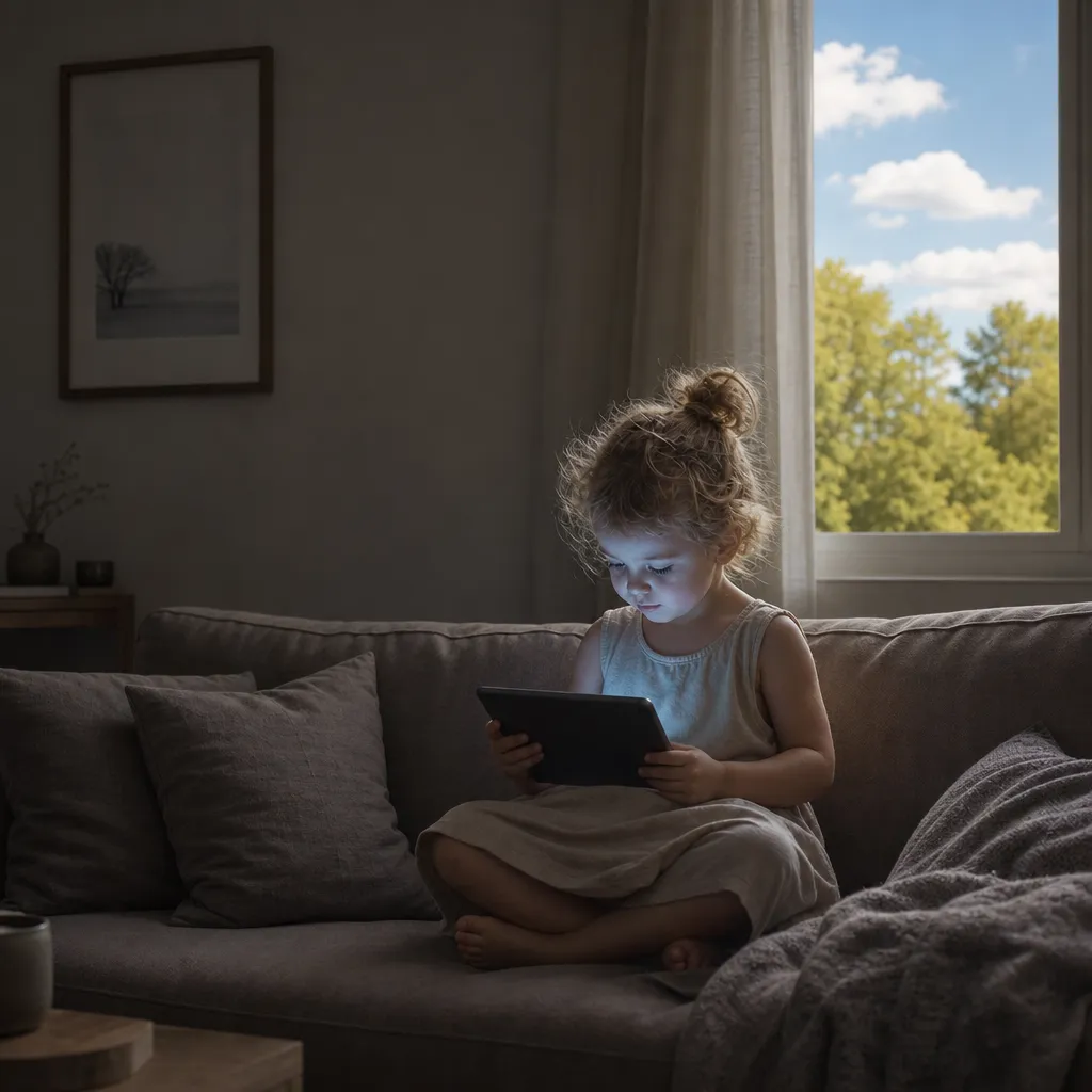 Kind am Tablet im Sommer